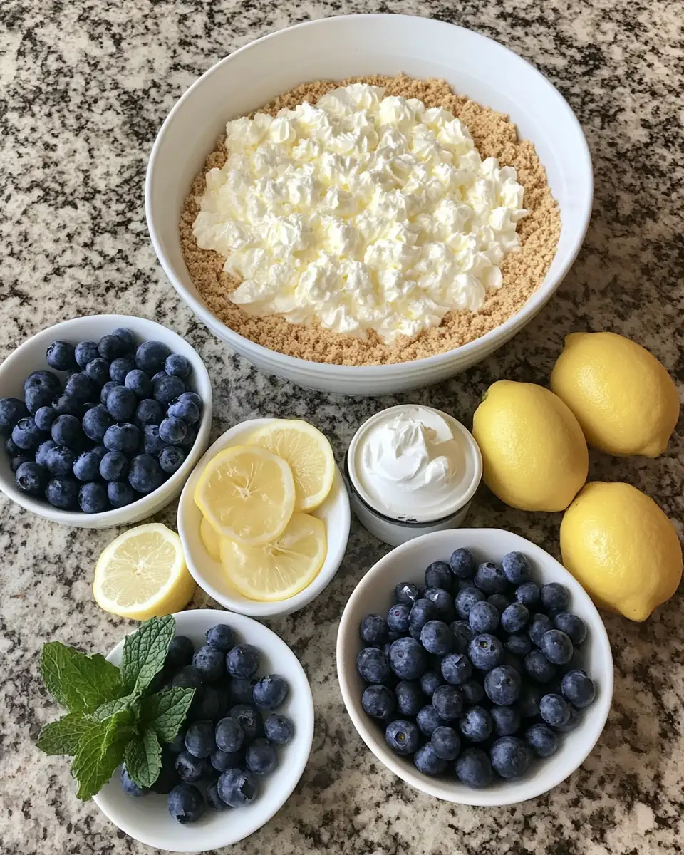 Ingredients for Heavenly No-Bake Lemon Blueberry Cream Cake Delight