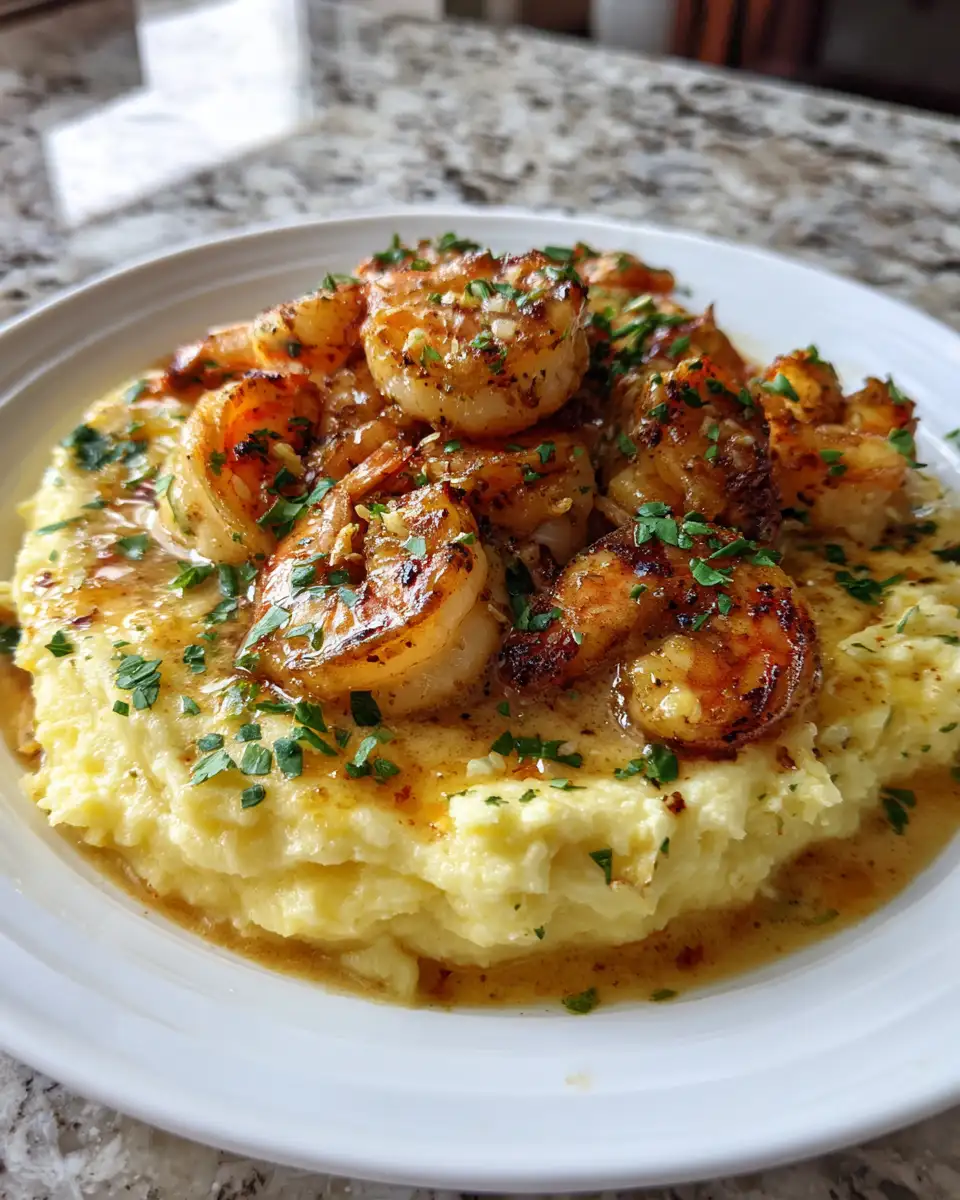 Final dish - Savor the Ultimate Comfort: Creamy Garlic Shrimp Over Mashed Potatoes