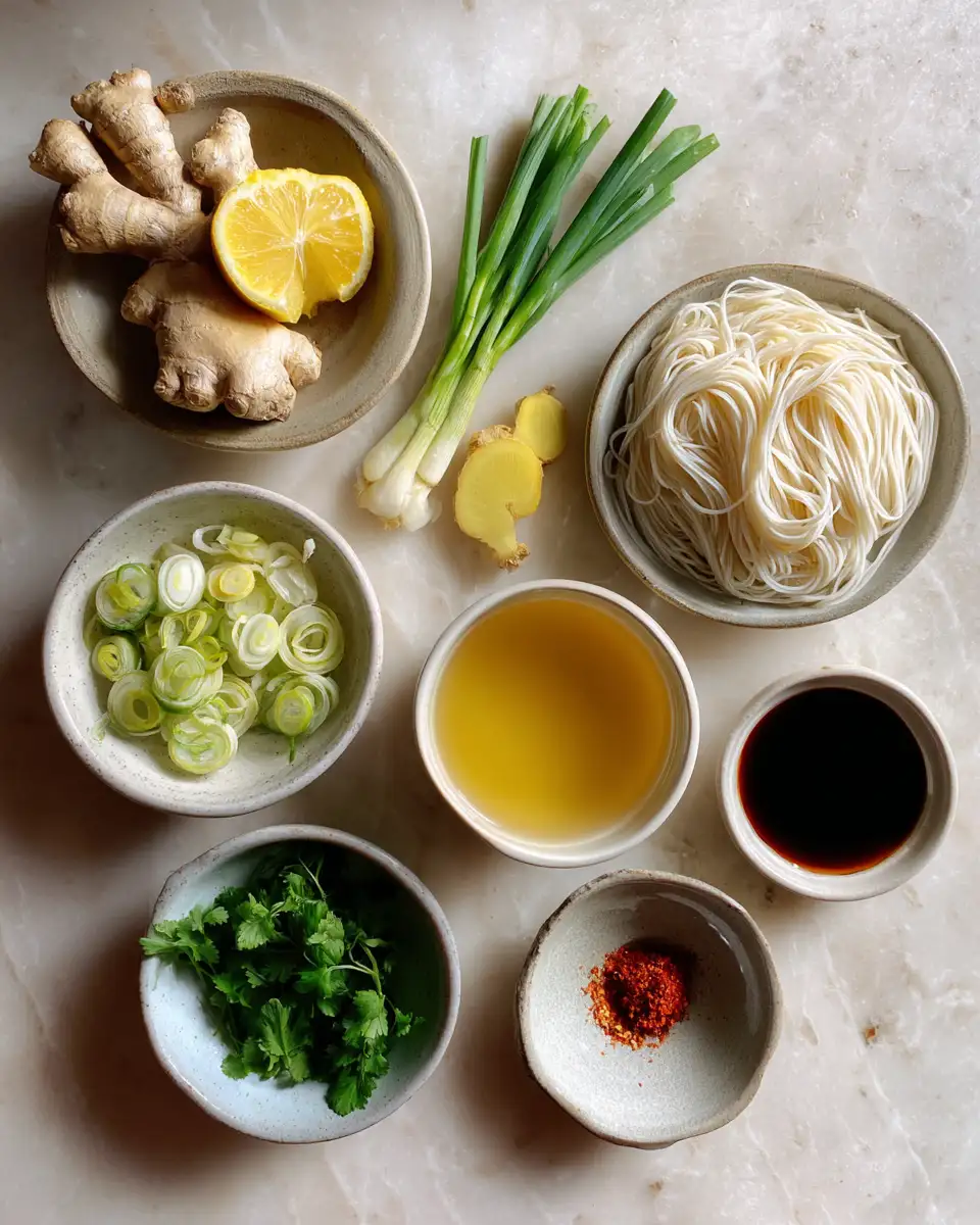 Ingredients for Healing Ginger Garlic Broth with Rice Noodles A Soothing Bowl of Wellness