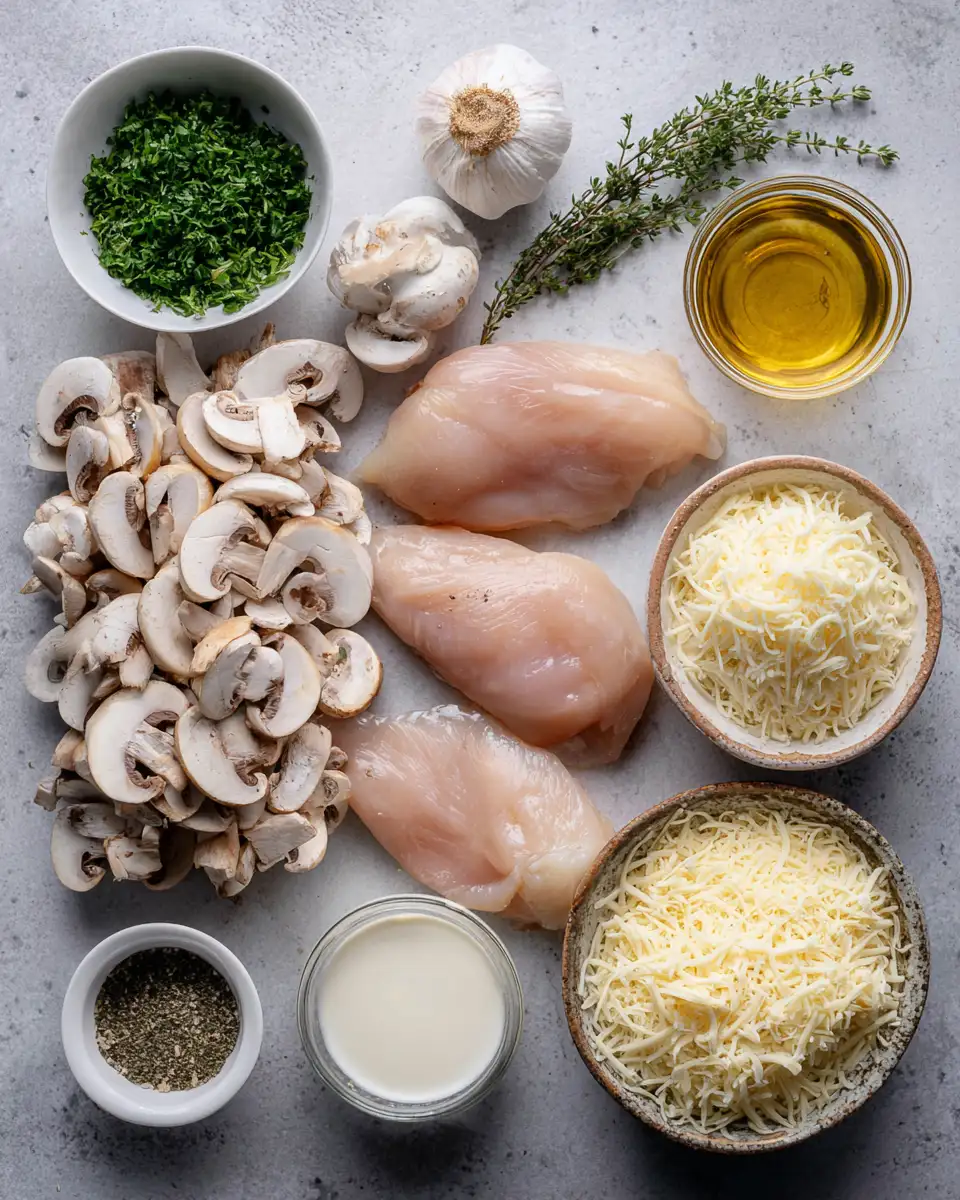 Ingredients for Creamy Keto Garlic Mushroom Chicken Casserole Delight