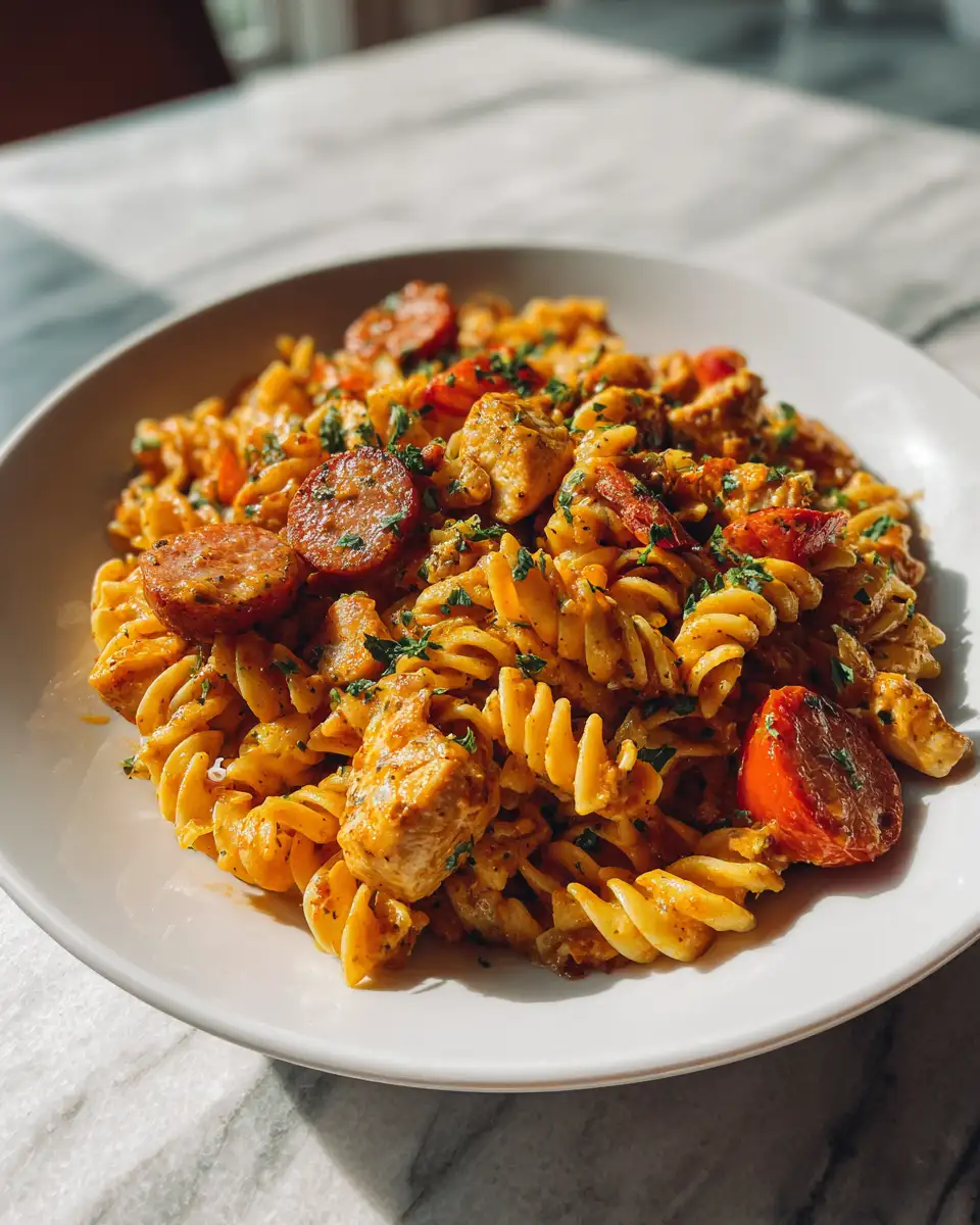 Savor the Flavor: One Pot Cajun Chicken and Sausage Pasta Jambalaya Recipe - Featured Image