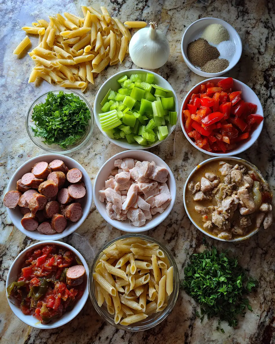 Ingredients for Savor the Flavor: One Pot Cajun Chicken and Sausage Pasta Jambalaya Recipe