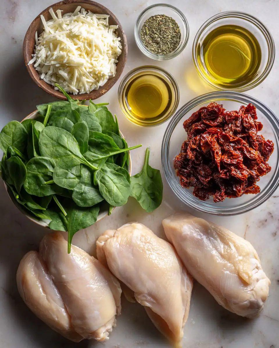 Ingredients for Irresistible Sundried Tomato Spinach and Cheese Stuffed Chicken Delight