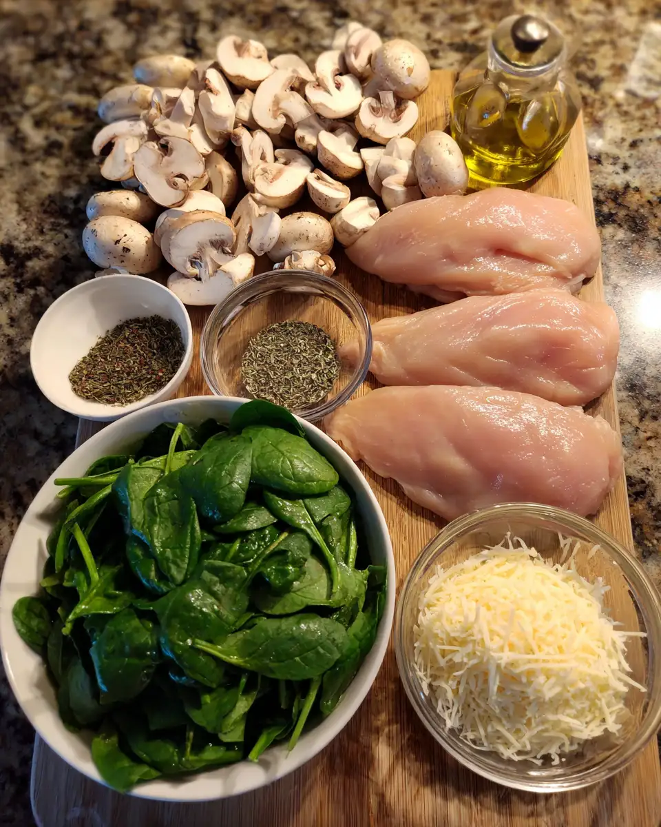 Ingredients for Delicious Chicken Spinach and Mushroom Low Carb Recipe for Healthy Eating