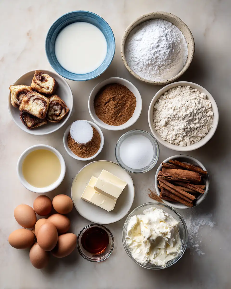 Ingredients for Irresistible Cinnamon Roll Bread Pudding Recipe That Melts in Your Mouth