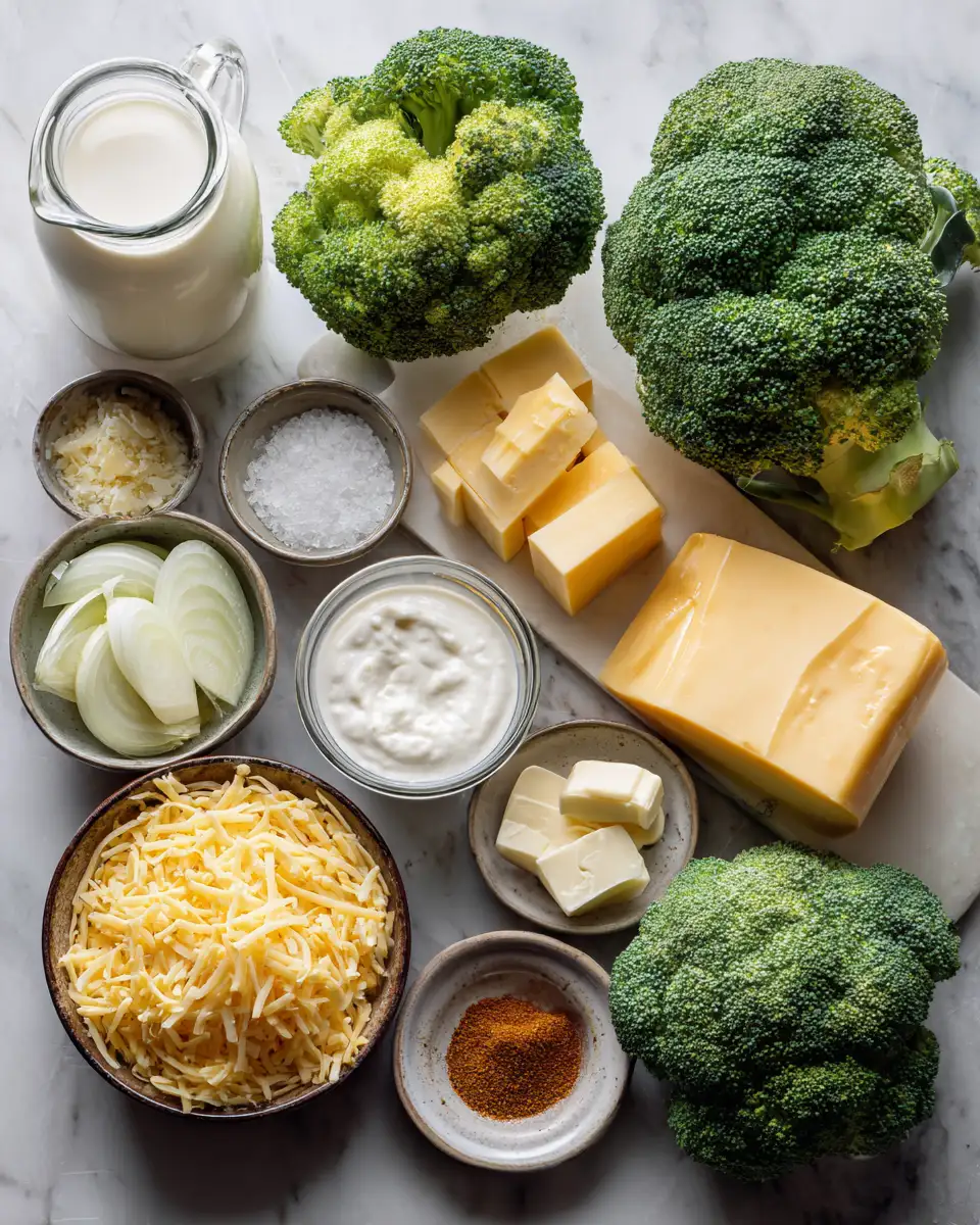 Ingredients for Ultimate Comfort in a Bowl Creamy Broccoli Cheddar Soup Recipe