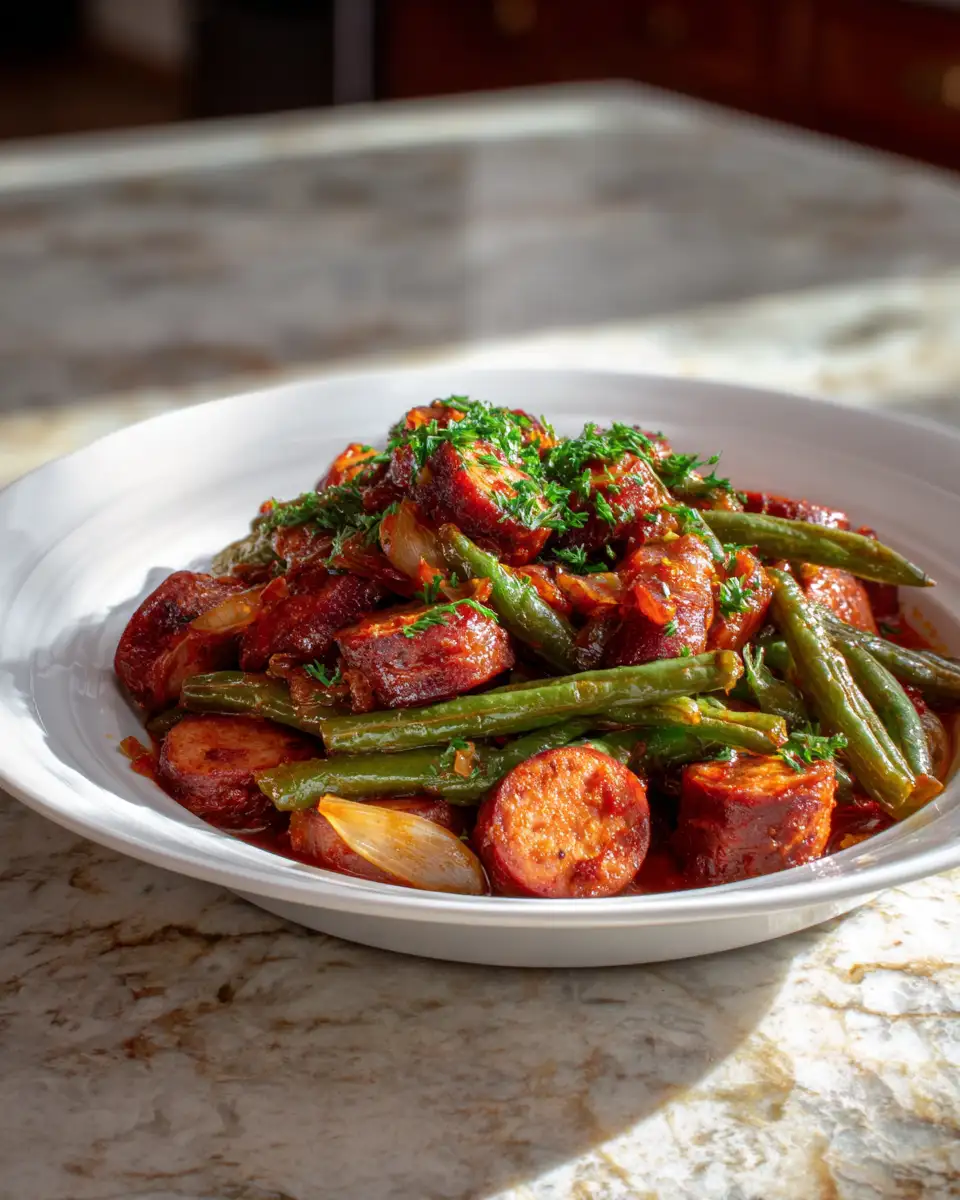 Final dish - Hearty Crockpot Kielbasa and Green Beans Recipe for Easy Weeknight Dinners