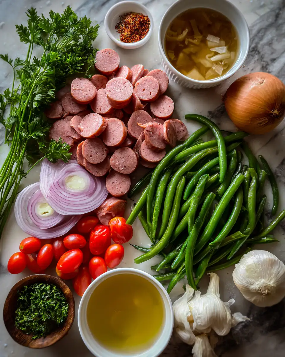 Ingredients for Hearty Crockpot Kielbasa and Green Beans Recipe for Easy Weeknight Dinners