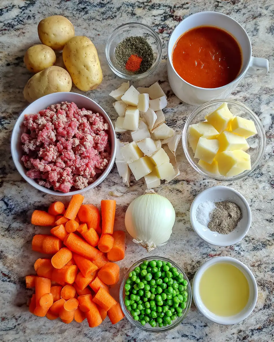 Ingredients for Hearty Crockpot Potato Hamburger Soup Recipe for Cozy Comfort Meals