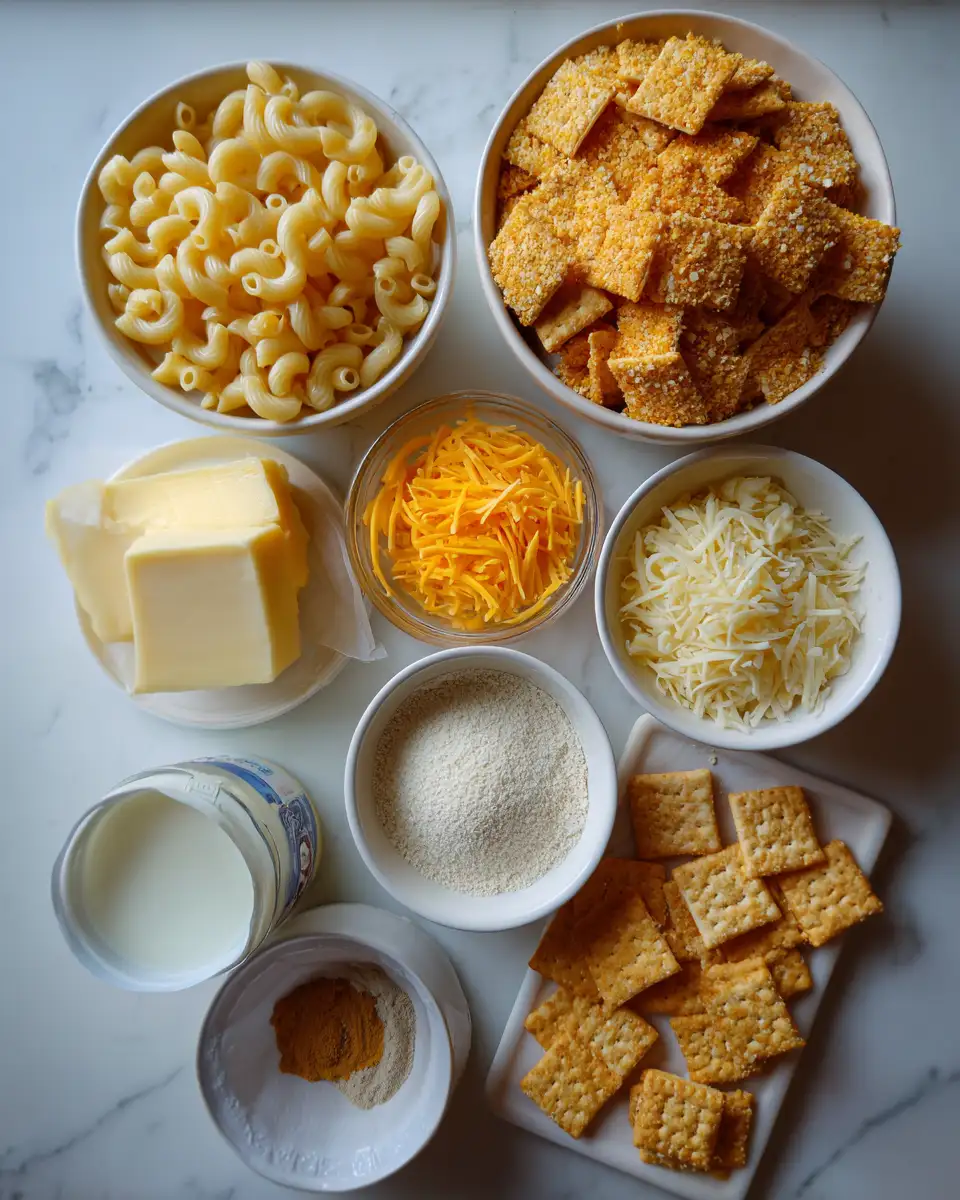 Ingredients for Ultimate Comfort Food Mac and Cheese with Crispy Ritz Topping