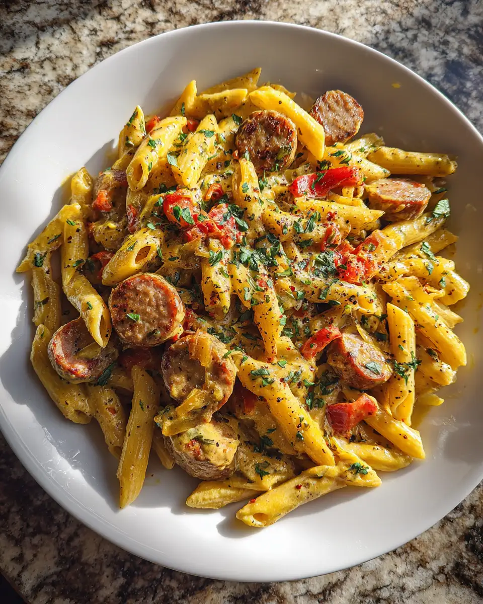 Final dish - One Pot Creamy Cajun Sausage Pasta Recipe for Quick and Delicious Meals