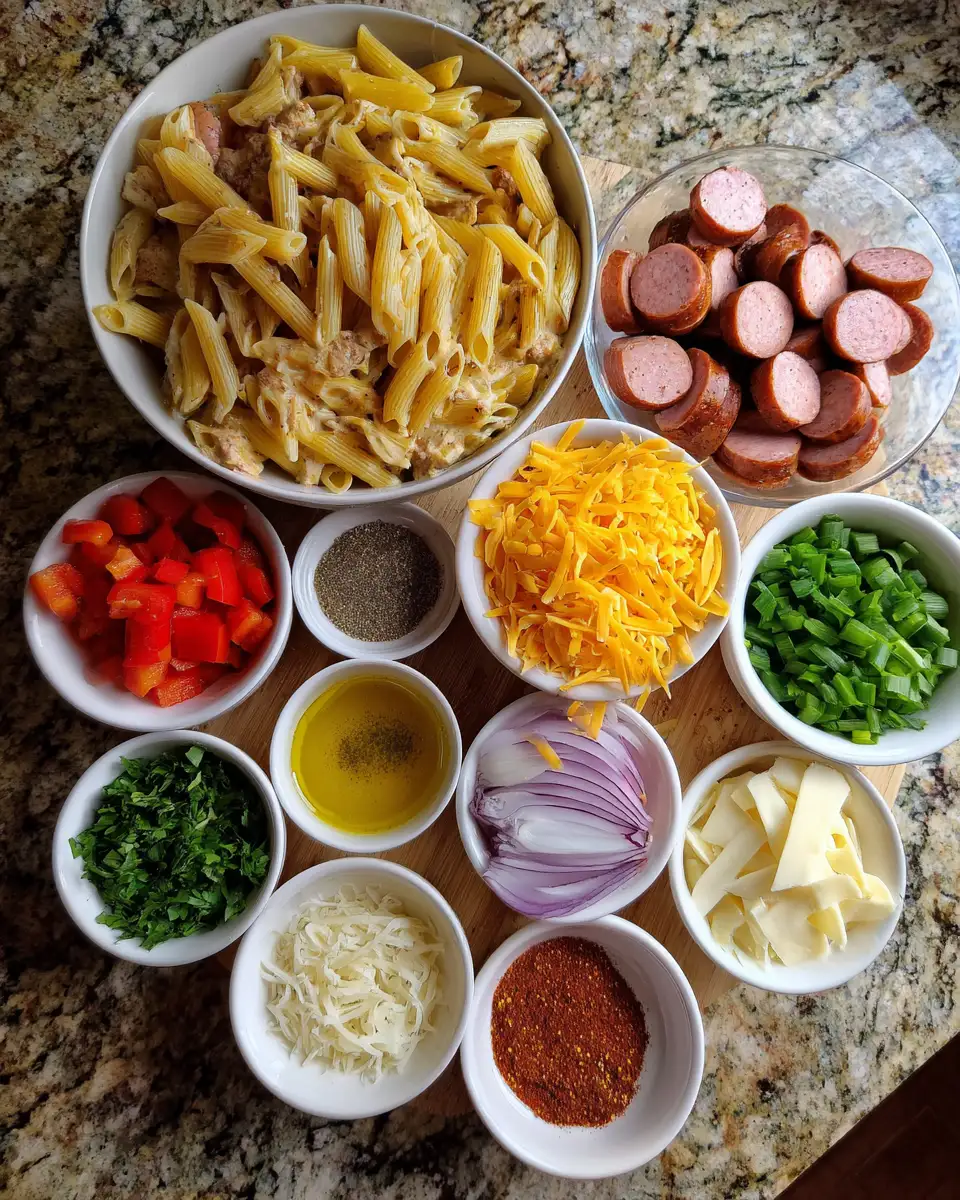 Ingredients for One Pot Creamy Cajun Sausage Pasta Recipe for Quick and Delicious Meals