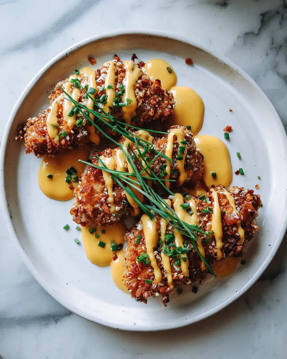 Crunchy Pretzel Chicken with Tangy Mustard Cheddar Sauce Recipe - Featured Image