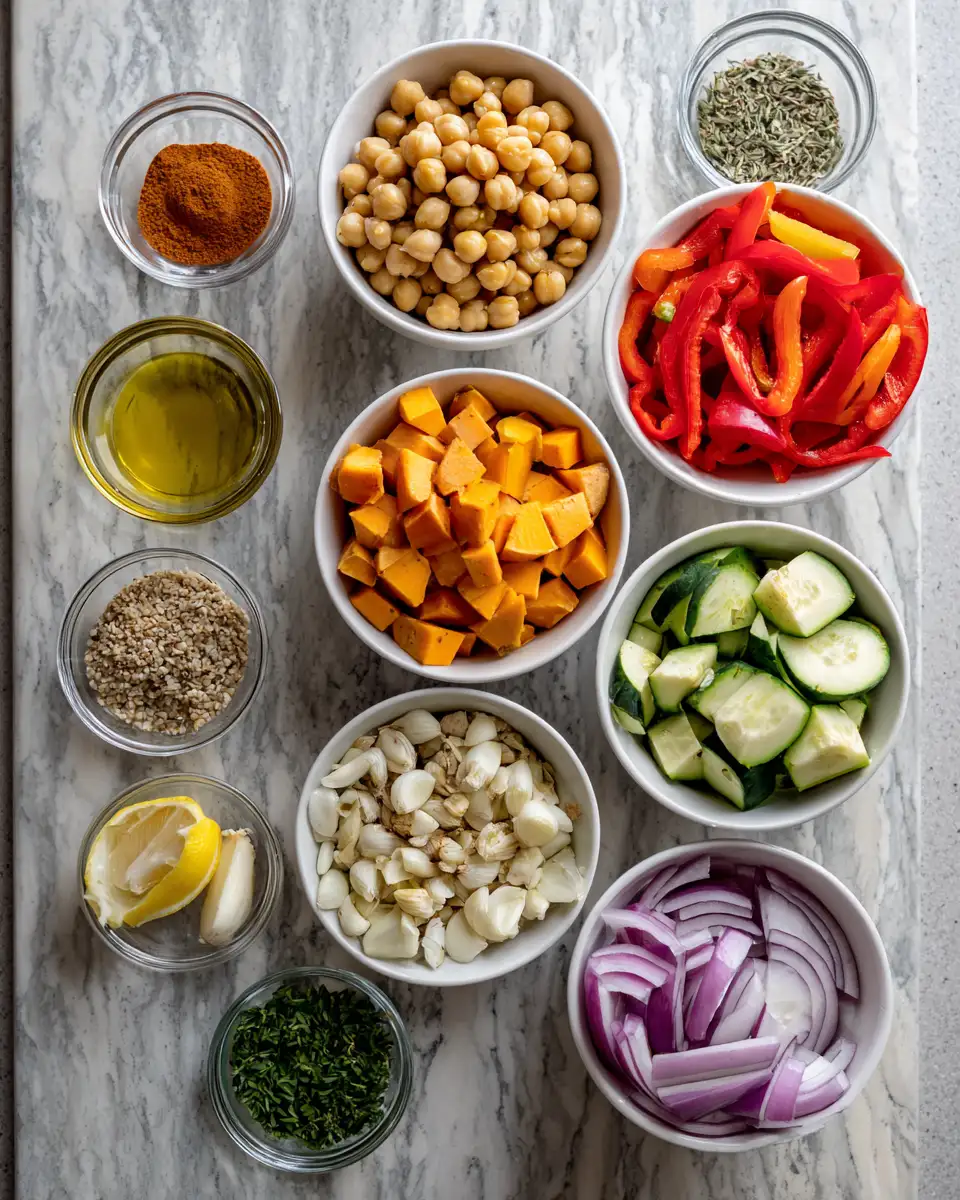 Ingredients for Wholesome Roasted Vegetable and Chickpea Bowl Recipe to Brighten Your Meal Prep