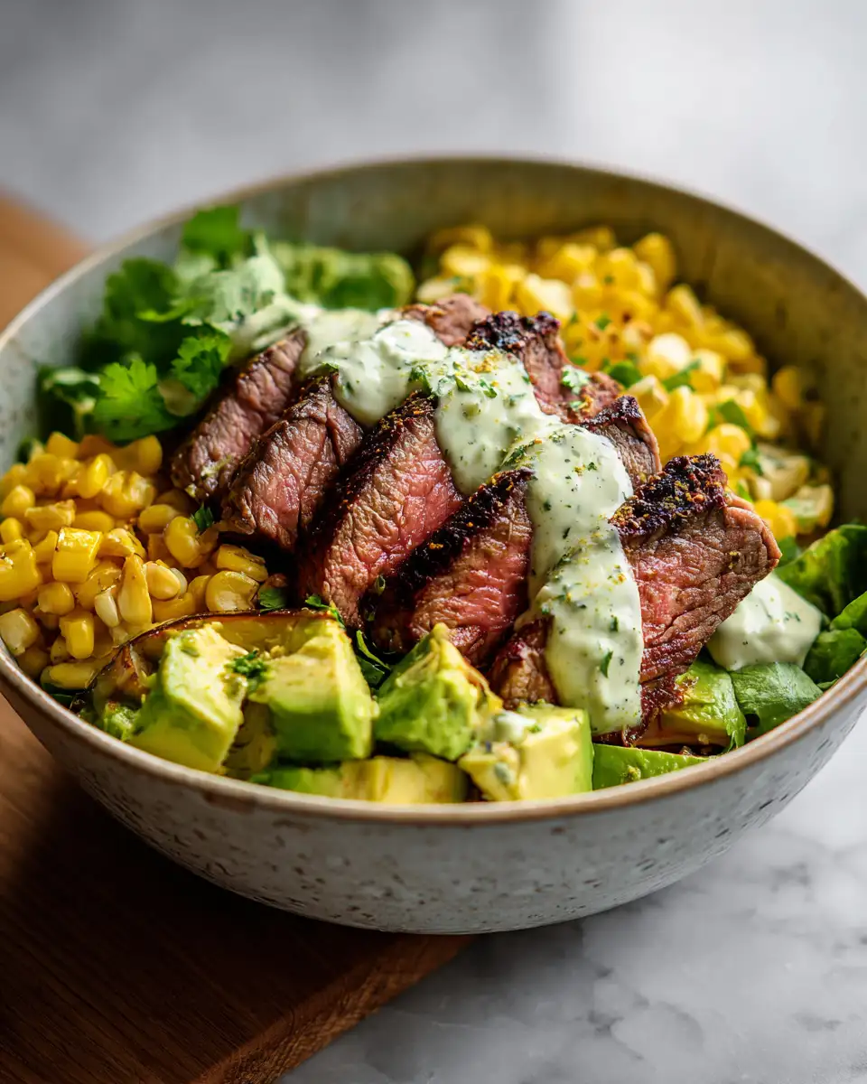 Final dish - Steak Avocado Corn Bowl with Cilantro Cream A Flavor-Packed Fresh Twist