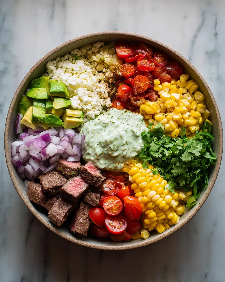 Ingredients for Steak Avocado Corn Bowl with Cilantro Cream A Flavor-Packed Fresh Twist