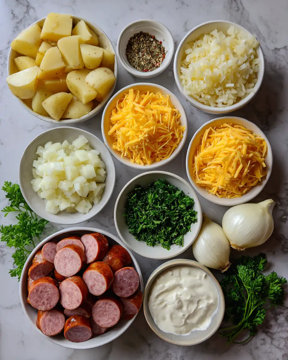 Ingredients for Ultimate Cheesy Ranch Potatoes with Smoked Sausage Recipe for Flavor-Packed Comfort