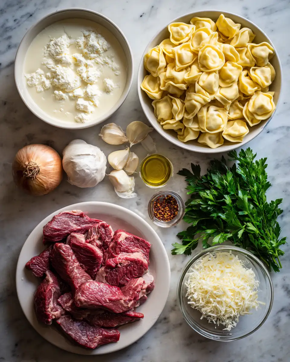 Ingredients for Cracked Garlic Steak Tortellini in Creamy House Sauce Recipe to Savor
