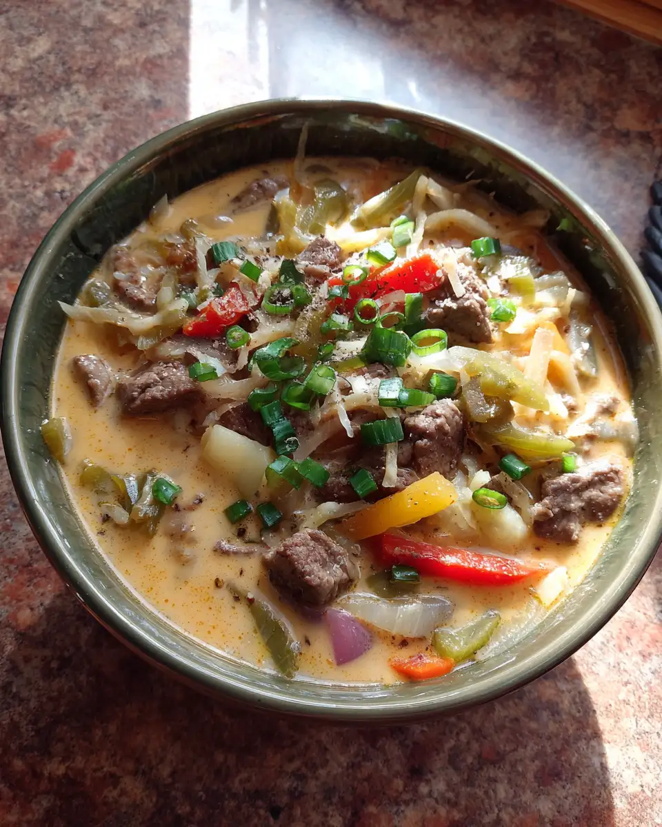 Final dish - Easy One Pot Philly Cheesesteak Soup Recipe for a Cozy Comfort Meal