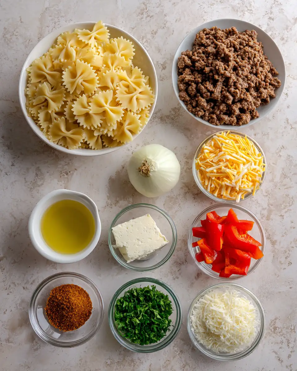 Ingredients for Cheesy Bowtie Pasta with Savory Cajun Ground Beef Delight
