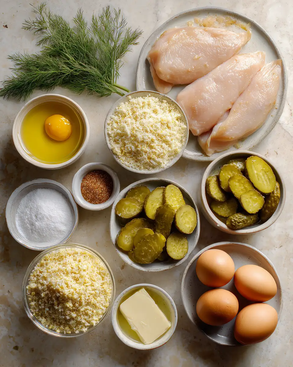 Ingredients for Crunchy Parmesan Chicken with Tangy Dill Pickle Delight