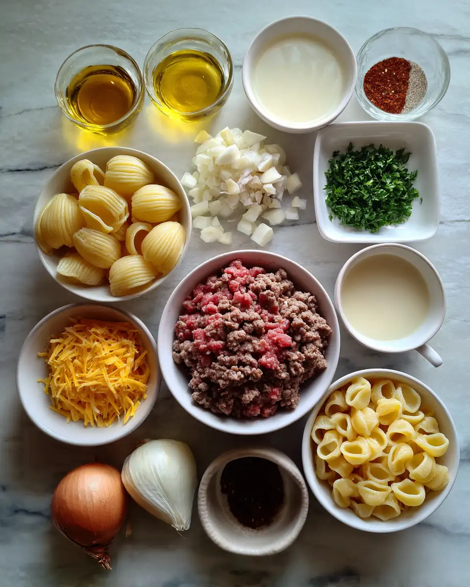 Ingredients for One-Pot Creamy Beef and Shells Recipe for Easy Comfort Dinner